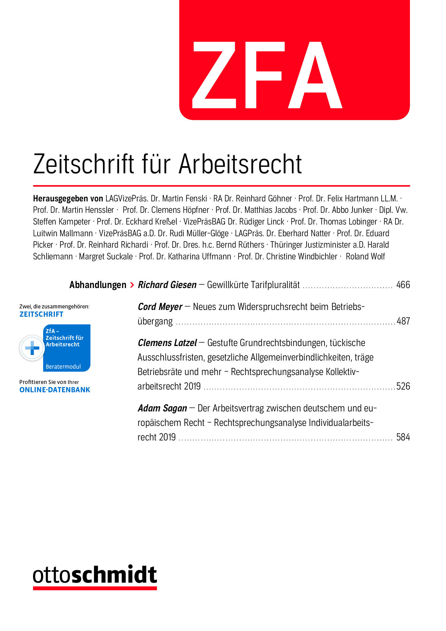 Zeitschrift für Arbeitsrecht (ZFA) Coverabbildung