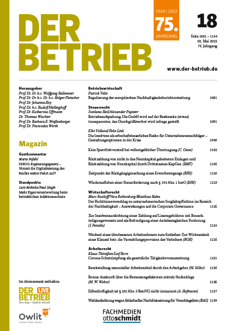 Ansicht: DER BETRIEB - Steuerrecht, Wirtschaftsrecht, Arbeitsrecht und Betriebswirtschaft