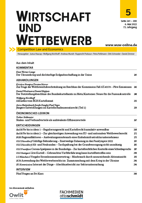 Ansicht: WIRTSCHAFT und WETTBEWERB (WuW) - Das führende deutsche Medium auf dem Gebiet des deutschen und europäischen Kartell- und Fusionsrechts sowie der Wettbewerbspolitik